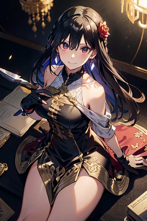 yor briar, anime style beutiful woman, 1girl, happy, smile, with sparkling eyes and a contagious smile:1.1),looking at viewer,red face, closed mouth, beautiful detailed eyes, super detailed skin, backlighting, bare shoulders, black background, black dress, black gloves, black hair, breasts, dress, earrings, fingerless gloves, floating hair, floral print, flower, gloves, gold earrings, gold hairband, hair flower, hair ornament, hairband, holding, holding weapon, jewelry, large breasts, long hair, looking at viewer, off-shoulder dress, off shoulder,red eyes, short hair with long locks, sidelocks, solo, spikes, thighs, two-sided dress, two-sided fabric, weapon, fighting stance , face, close up, from above, highest quality, high resolution.