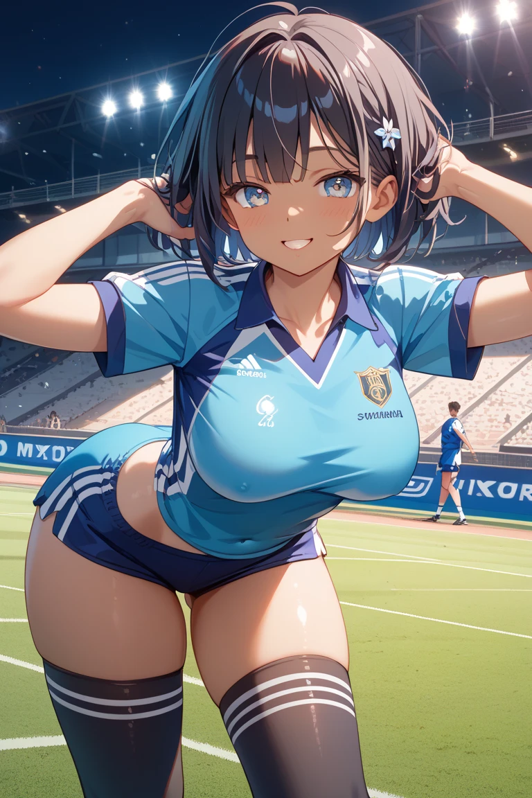 ((best quality)), ((masterpiece)), ((detailed)), (((perfect face))), (((slender 18yo teenage girl))), (((topless))), (((medium-large breasts))), ((blue soccer shorts))), ((dark brown hair)), ((short ponytail)), (((blue eyes))), ((shy:1.3)), ((blushing:1.5)), ((skinny thighs)), ((skinny hips)), (((bare arms))), (((bare shoulders))), (((bare stomach))), (((wearing soccer boots, blue soccer socks))), (((small stadium))), (((running))) (((green soccer field))), (((surprised:1.3))), (((open mouth)))