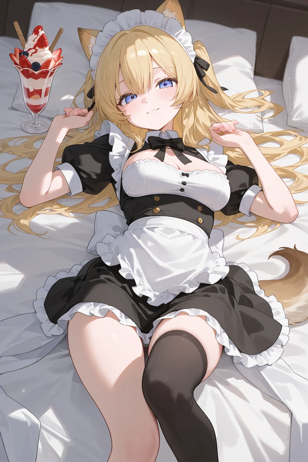masterpiece, best quality, cynthia, choker, hair bow, in a french black maid outfit, ruffle trim, nighttime, smiling, kneeling on living room floor, cynthia \(pokemon\), fishnets