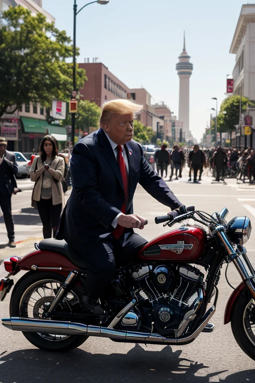 donald trump on a motor cycle with american flag cape and machine gun