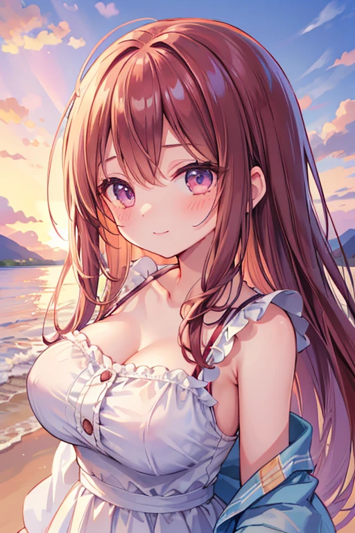 (((masterpiece, best quality, highres, UHD, perfect pixel, depth of field, 4k, RTX, HDR))), 1girl, smile, very huge breasts, brown hair, long hair, twintails, (red eyes:1), collarbone,  white bikini, navel, side-tie bikini, (a sexy), beach, ocean, blue sky, looking at viewer, {{Extremely delicate and beautiful}}, the Extremely Detailed CG Unity 8K Wallpapers, (Shiny hair:1.2), (Shiny skin:1.5),