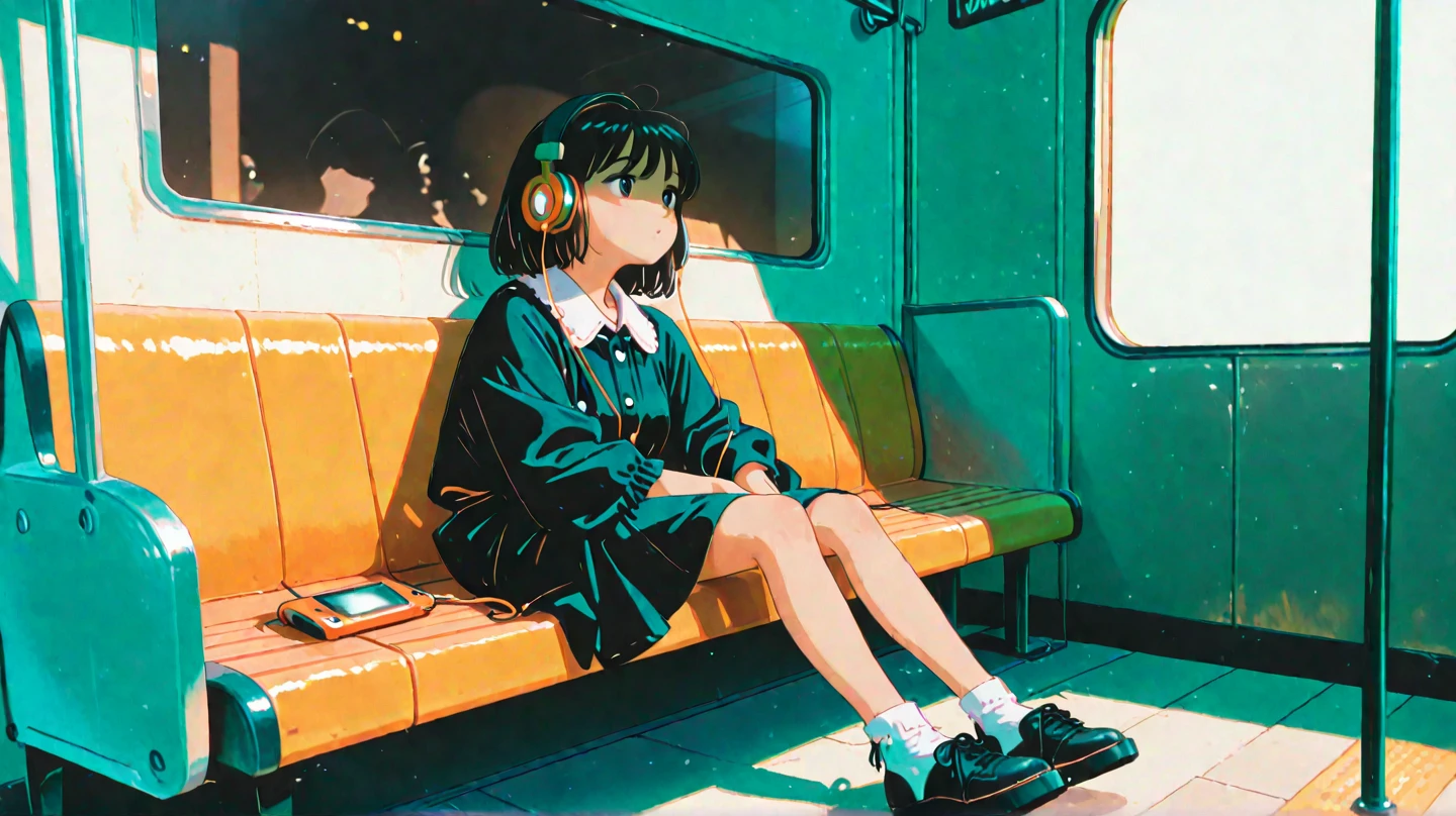 (extremely detailed CG unity 8k wallpaper), (best quality), (best illustration), (best shadow), realistic lighting, beautiful detailed reglow, masterpiece, best quality, lofi artstyle, lofi art, 80s anime style, Retro, Lo-Fi, 1girl, solo, short hair, brown hair, sitting, window, headphones, ground vehicle, train interior, anime