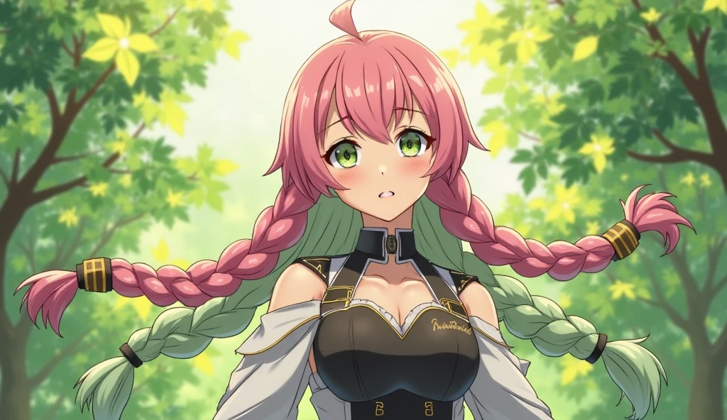 Mitsuri from the anime demon slayer. She has pink and green hair. She has big breasts.