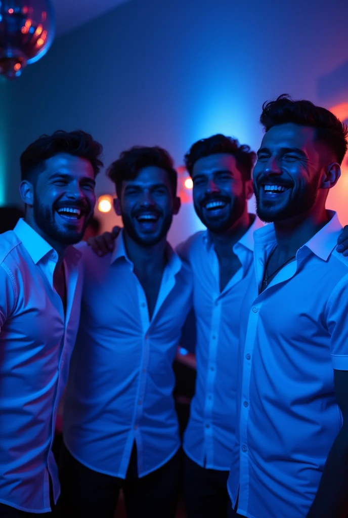 Twelve mixed-race men showering in white underwear and laughing in a public bathroom.