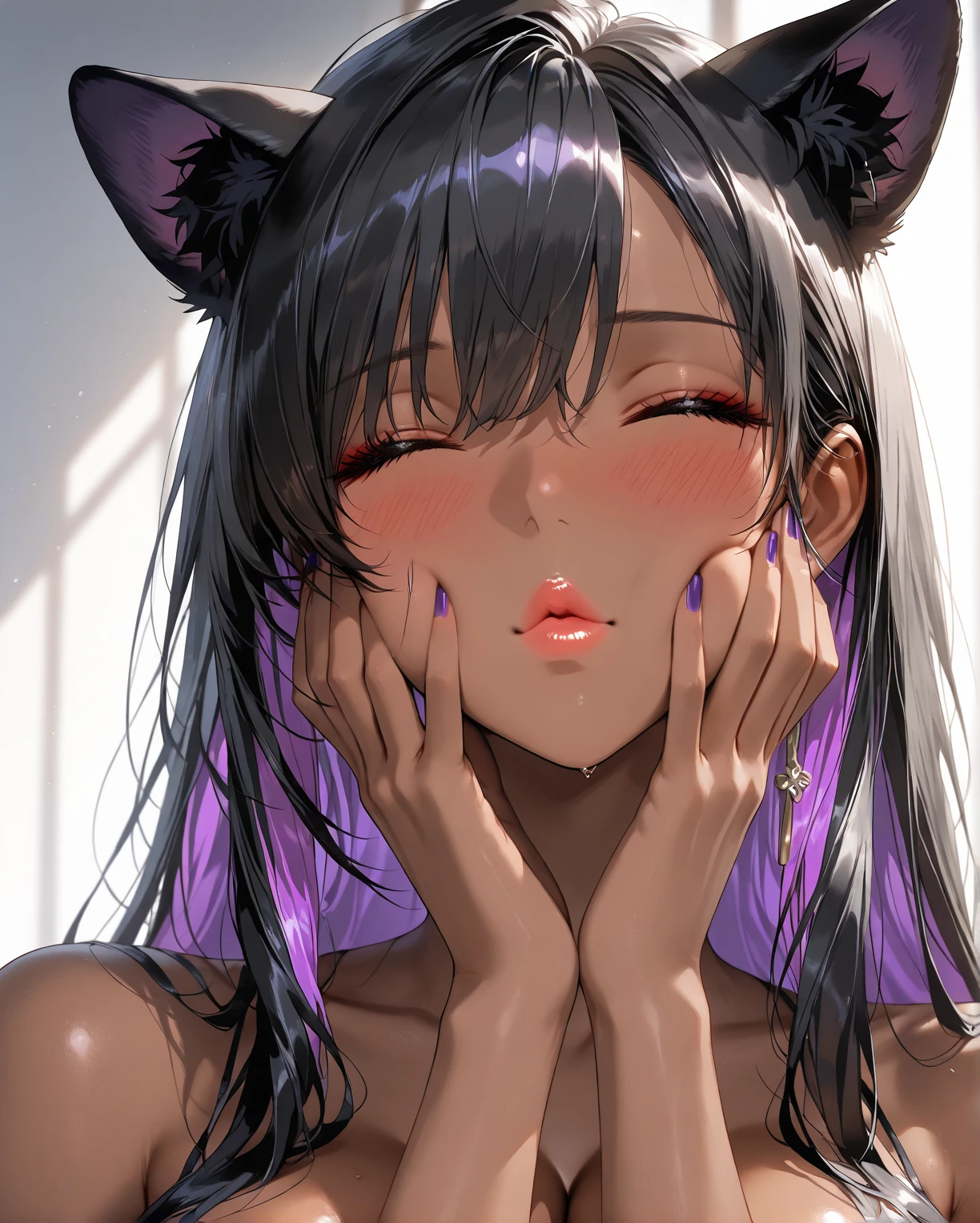 beautiful, (masterpiece:1.2), (best quality:1.2), perfect eyes, perfect face, perfect lighting, 1girl, look at the viewer, (ahegao:0.5), sexy pose、brown、black skin, nacked, nude, tanned skin , purple eyes, dark blue colour heir, sexy body, black nailpolish, showing her long finger nails to the viewers , pink background, long finger nails , twintail hairstyle 