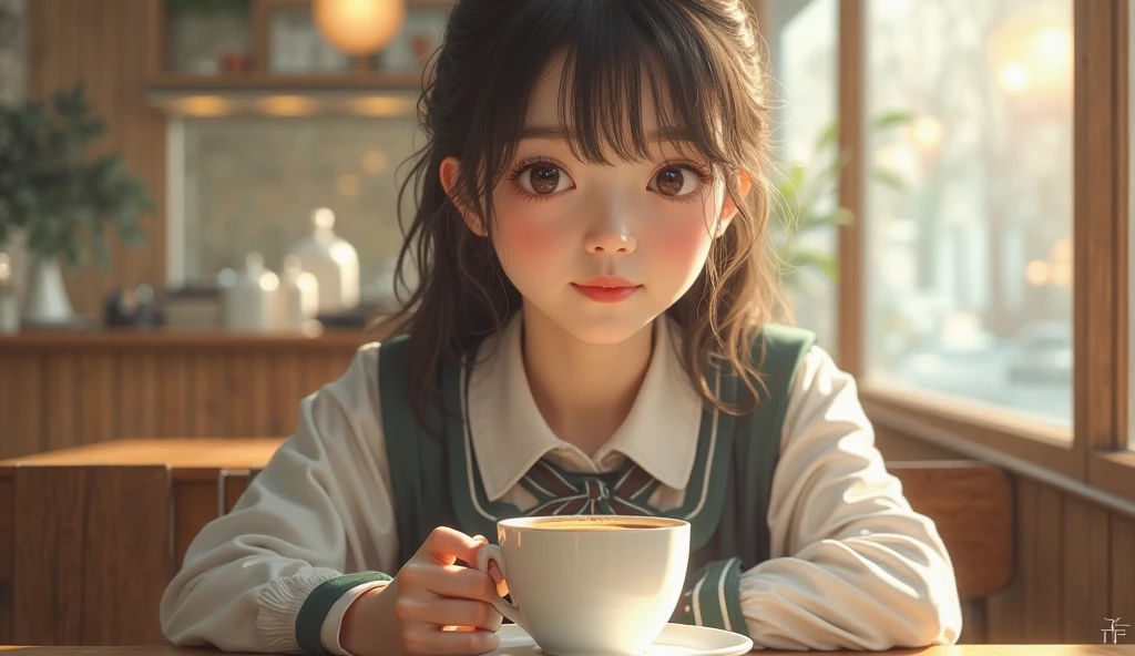 Little girl drinking coffee in the garden, and the sun was shining brightly， exteriors， the detail， 4K， k hd， high high quality.