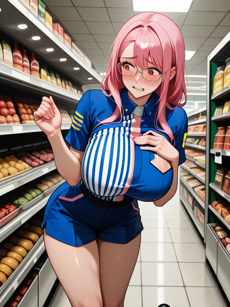 1girl,solo,flirting,cap,sleeveless,bare shoulders,be seen from one's navel,super huge breasts,looking at viewer,near,standing up,Aisle Background, nsfw, pink hair, golden eyes