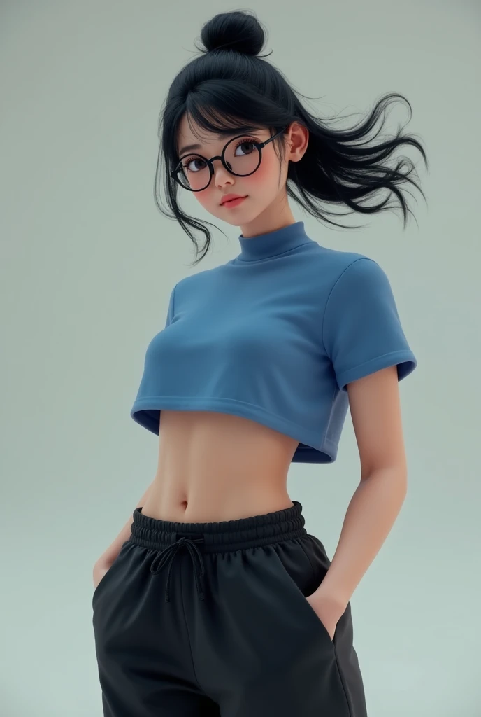 1girl, <lora:Hinata_Aki_V3:0.8>, hinata_aki, mature female, glasses, rimless eyewear, round eyewear, blue eyes, blue hair, cowboy shot