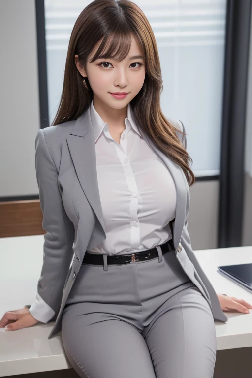 NSFW,highest quality,Great details,Ultra-high resolution,Cute Japanese girl with perfect style,Light brown hair,Bob Hair,Highly detailed face and skin texture,double eyelid,smile,Perfect Face,Thighs,Thin legs,White collared shirt,Jacket,Grey mini skirt,Skirt Lift,Inside an office building,{{{There are many company employees around:1.5}}}