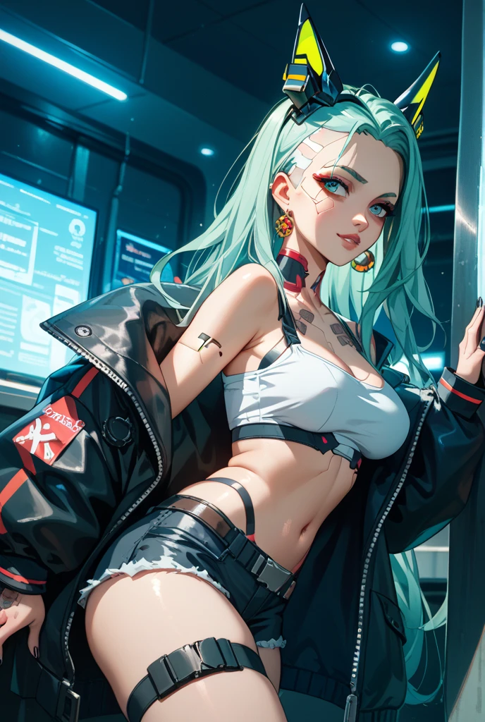 Fish Girl in Sci-fi translucent mechanical bikini ++,The bikini is see-through and sparkly,carrying a huge emerald green mechanical rucksack+,cyber,neon noir+,masterpiece,best quality,cutie girl++,looking at viewer, illustration, vibrant,line art+,high contrast,extremely highres,,kawaii,silver long hair,detailed gradient eyes,1girl, solo,,Looking down with cool, cold eyes,The background is an extreme dystopia ,electronic, cyber,Uber Eats delivery worker+,
