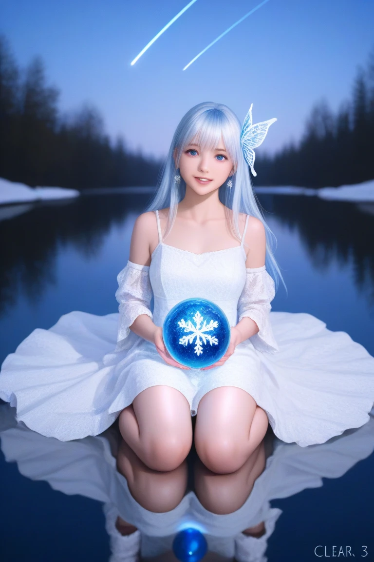 A cute ice elf woman with blue skin, deep blue eyes, pointy ears, waist length pale hair, wearing a sapphire sequin sparkling sheer night gown, inspecting her ice sculpture flower garden in a snow landscape at twilight, (best quality,4k,8k,highres,masterpiece:1.2),ultra-detailed,(realistic,photorealistic,photo-realistic:1.37),detailed ice sculpture flowers,snowy landscape,ethereal lighting,fantasy,magical,cinematic