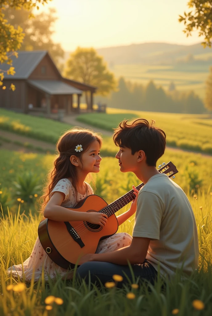 Realistic photo, a Bangladeshi boy and a girl sitting next to a lake, boy playing guitar, girl wearing sharee, girl's head on boy's shoulder
