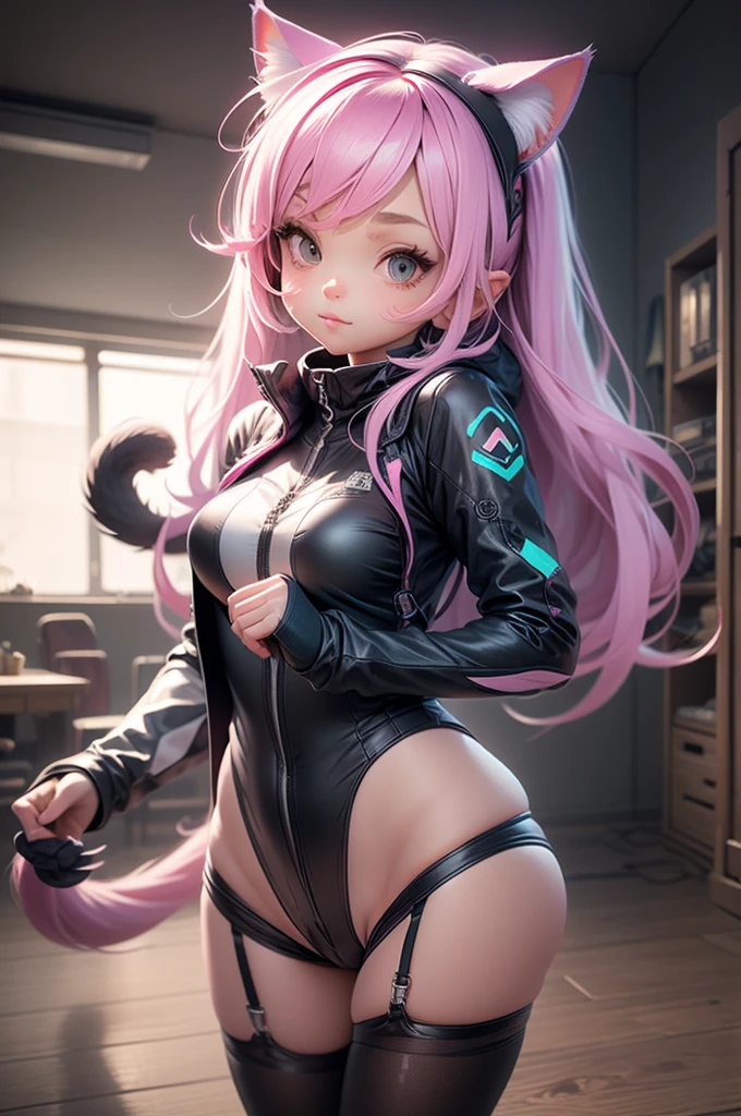 illustration, UHigh definition, retina, work of art, precise, anatomically correcte, super detaill, High details, high qualiy, awardwinning, best qualityer, high resolution, good anatomy, 1080P, High definition, 4K, 8K, 16K, 1 girl, dynamic pose, androgynous, detailedeyes, detailed clothing, detailed hair, Rendering, hair strands, Waifu fofo,whole body, long  white hair, pink eyes, wearing a tight black leotard, blue and black clothes, intricate design, ahoge, bangss, long locks, large featured sleeves, smiling, blushful, opening window, large breasted