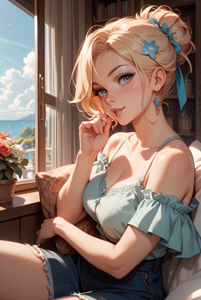 1girl, blue lingerie, blue lipstick, green eyes, blonde hair, thin body type, pin-up pose, chair, cozy environment, character design, white background