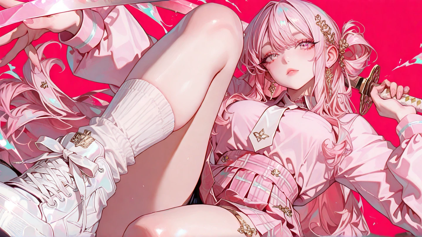 16k, hyper HD, retinas, Masterpiece, ccurate, Anatomically correct, High details, Best quality, High quality, A high resolution,Pink hair,shairband,hair adornments,dual horsetail,Sleeveless dress,short skirt,Hosiery,White tights,In the daytime,Long hair and medium breasts,Brilliant,opulent,first person,illustration,quadratic element,Open navel,big assa,cropped shoulders,white panties,cosplay,Asia face,16 yaers old,teens girl,Long legs,lacepantyhose,full bodyesbian,Barefoot,Open skirt bottom