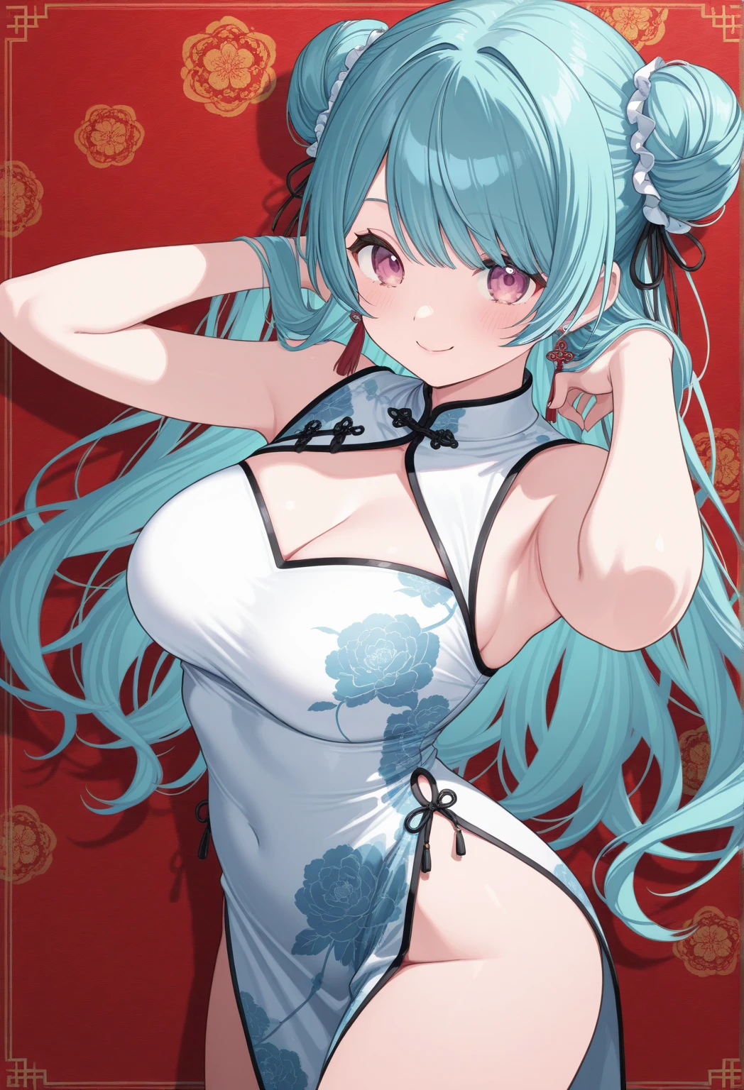 A mesmerizing surreal illustration of a young japanese woman resembling Mei Mei. She has white hair, purple eyes, and wears a vibrant pastel colored outfit adorned with intricate floral patterns. She has a smooth, warm complexion, and bold, colorful tattoos cover her arms and legs. The tattoos feature traditional Japanese motifs like flowers and mythical creatures, rendered with meticulous detail in a pastel color palette. The background is a vintage floral-patterned wallpaper that complements the artwork's colors. The line work is precise, with delicate shading that gives the illustration a 3D quality. The artwork fuses modern illustration techniques with traditional Japanese aesthetics, resulting in a visually striking, portrait, mei mei, long hair, very long hair, braid, hair over one eye, braided ponytail, one eye covered, braided bangs, purple eyes ,big breasts, slender, arms behind back, white panties, cleavage, 
