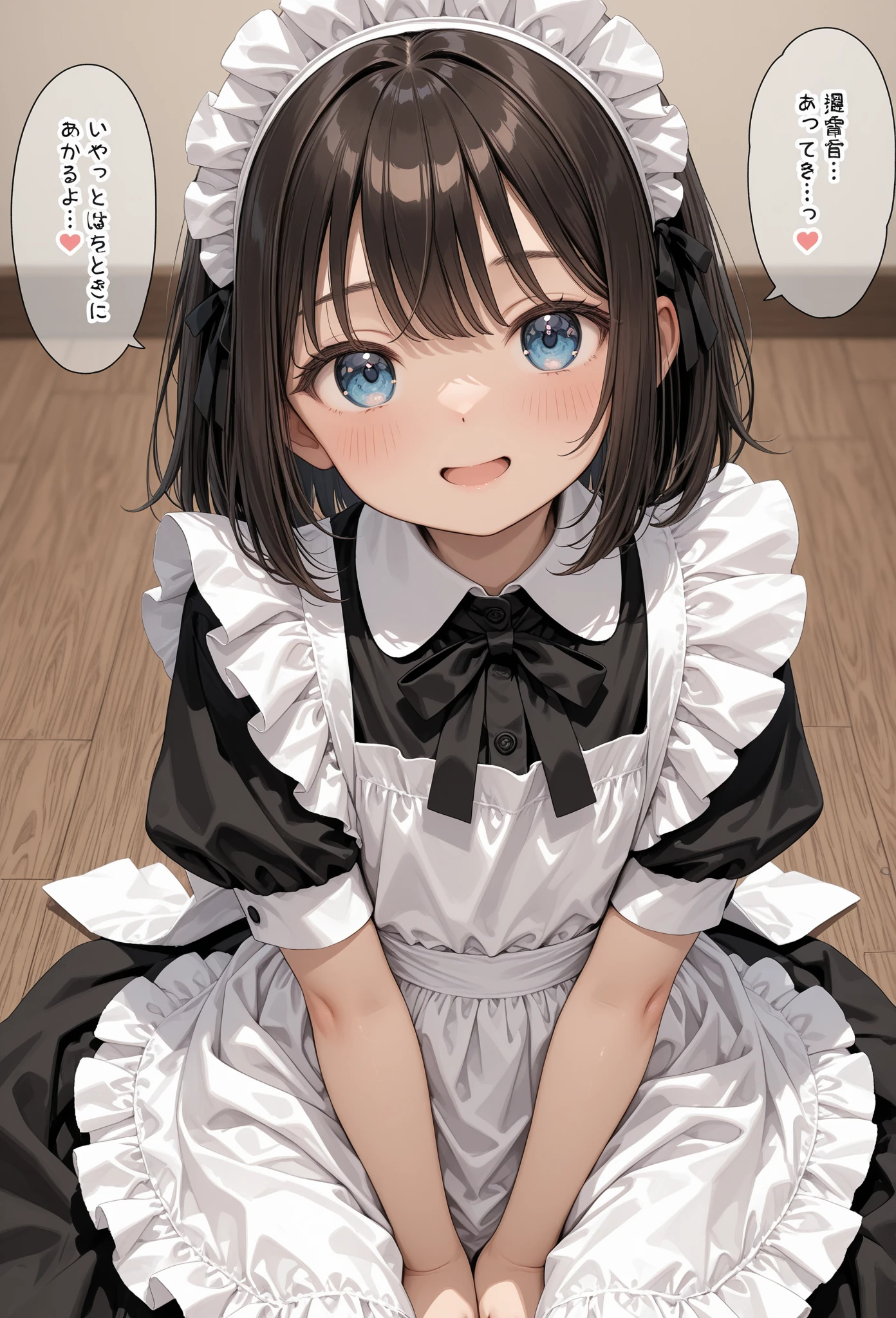 (maid style) (in a detailed summer maid clothes), (15 yo, solo:2 blunt bangs black hair long hair cute maid girl, sexy closed eyes, love smile), (in the entrance), (pov, frontale, lookup face), BREAK, perfect anatomy, masterpiece, best quality, 16k, beautiful detailed grow, daydreaming expression.