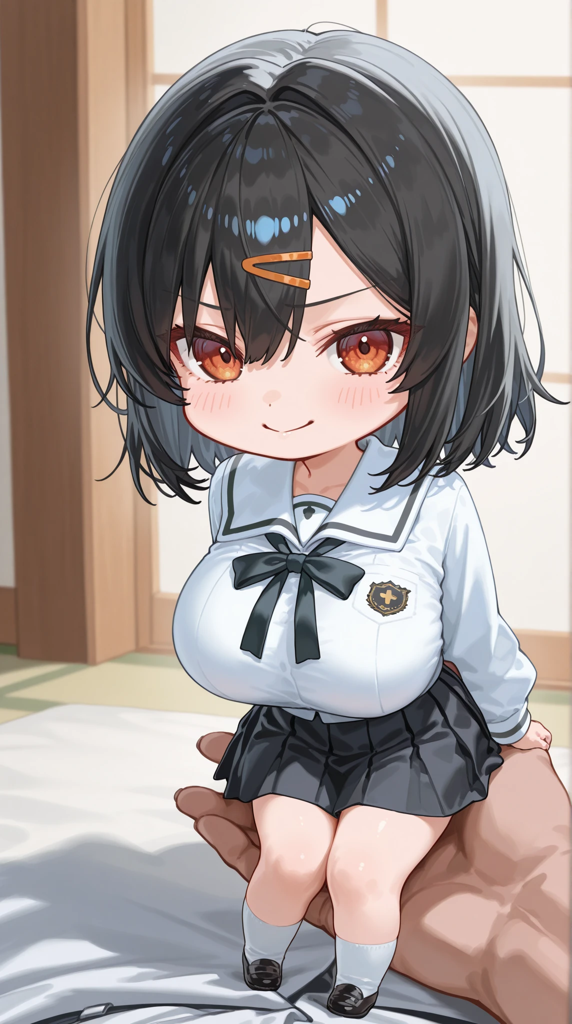 (( close、16k、highest quality、Attention to detail、Rich skin detail, nsfw、Loli)),(Chubby)、 (Beautiful Eyes), ((Swollen nipples、Small breasts)), ((Black and white leotard、lift your shirt、Sweat))、(Yellow Eyes)、((Blue Hair、Short Hair、Hair intake、Ahoge)),  ((blush))、(Wide Hips、Thick thighs)、smile、((((Embarrassing))))、((dark prison))
