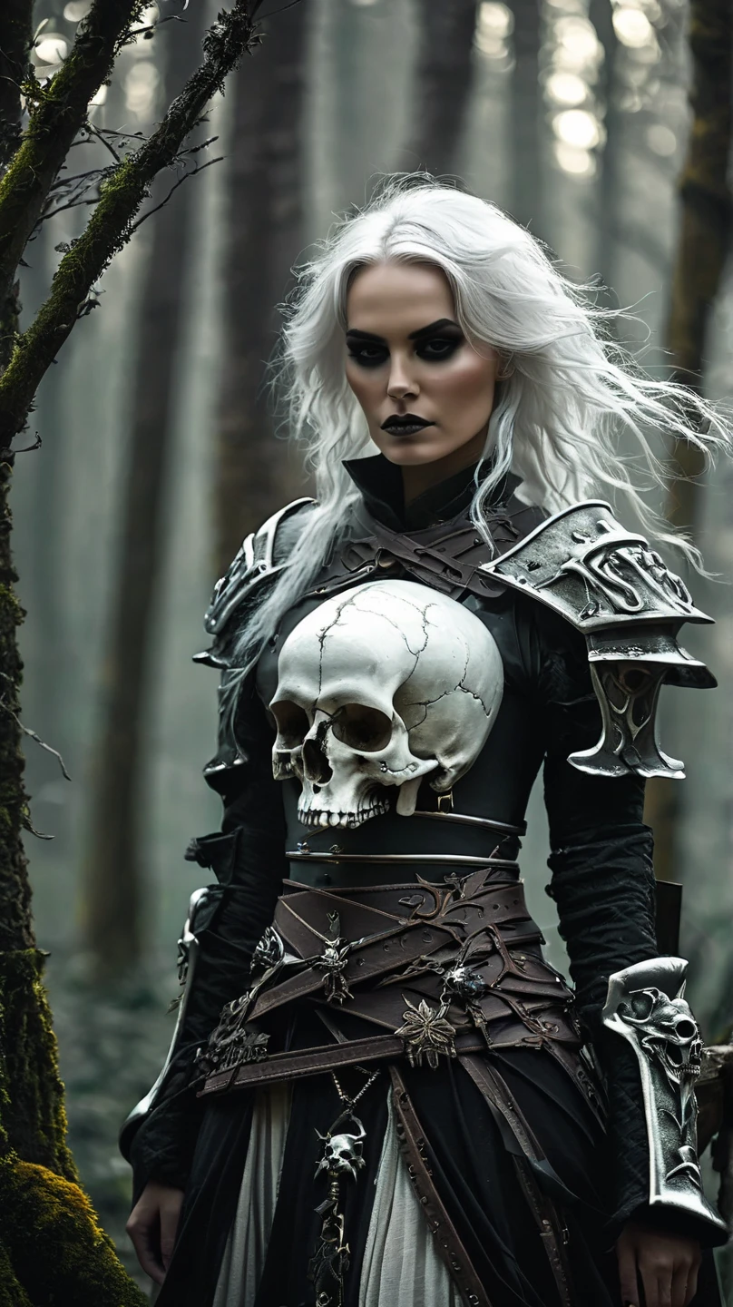 Necromancer. feminine. skull on the belt. Fantasy short White Hair. medieval times. gloomy forest