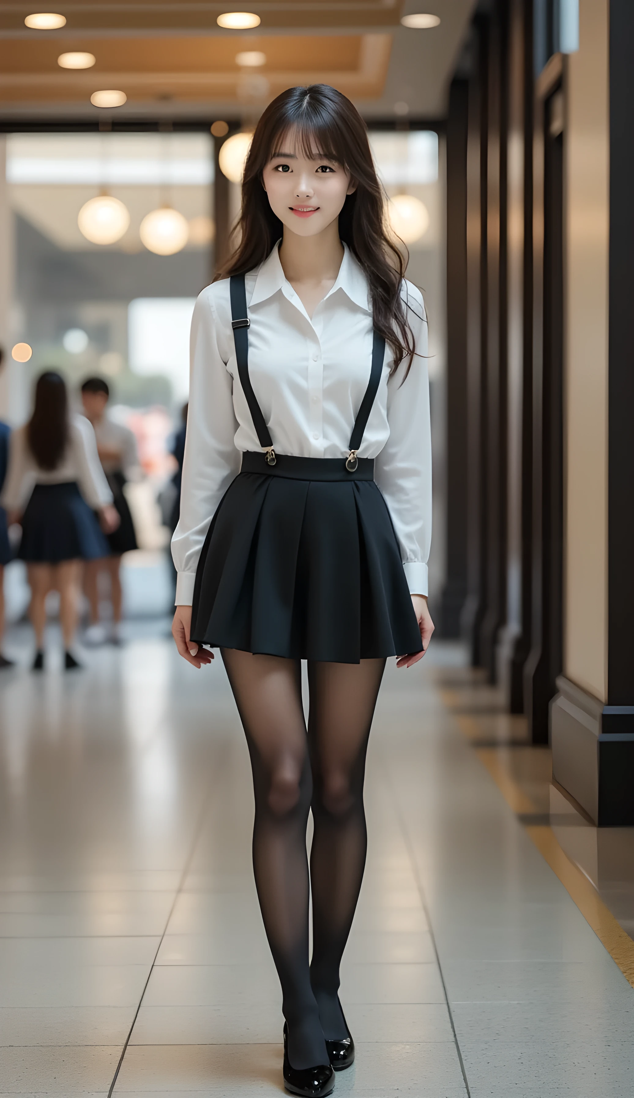 Super Real , Photoreal , (Full body image:1.5), She looks so happy , shadow, Global Illumination , Alone, (Japanese woman in her 20s :1.5), very beautiful、 cute smile , Slim, brown hair , Beautiful Legs , Long, slender legs , Surimi Waist , I'm wearing a receptionist uniform ,I'm wearing a bus guide's uniform , turn your body forward、 white hair,full body photo ,Please take a picture up to the tip of your foot ,wear black pantyhose glittered on her legs ,When the light hits stockings, they reflects beautifully., wearing black high heels ,