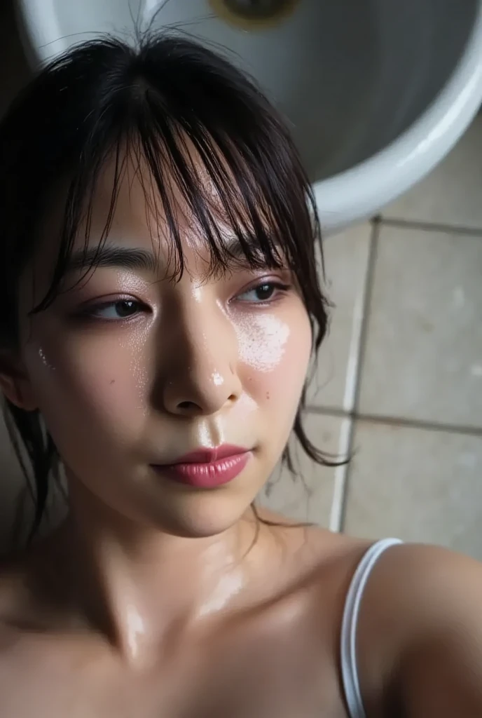 (table top、highest quality、8k、Award-winning work、ultra high resolution)、one beautiful woman、(nude:1.2)、(Face covered with a large amount of semen:1.5)、(A woman covered in a large amount of semen:1.5)、(hair covered with a lot of semen:1.3)、(The expression of sexual climax staring at me:1.1)、(black hair:1.1)、(close up of face:1.7)、(very sweaty and flushed face:1.2)、(Drenched and shiny hair:1.2)、(hair drenched in sweat:1.2)、(Hair soaking wet and clinging to your skin:1.2)、(sweaty and damp skin:1.2)、(Skin moist and shiny with sweat:1.2)、ultra high definition hair、Ultra high definition beauty face、ultra high definition hair、(completely closed lips:1.1)、Super high-definition sparkling eyes、輝くultra high resolutionの美肌、ultra high resolutionの艶やかな唇、(the look of orgasm looking at me:1.1)、Elegant and beautiful hairstyle、blurred background、accurate anatomy、romantic love feelings、The most romantic and moody atmosphere、(The simplest pure white background:1.5)