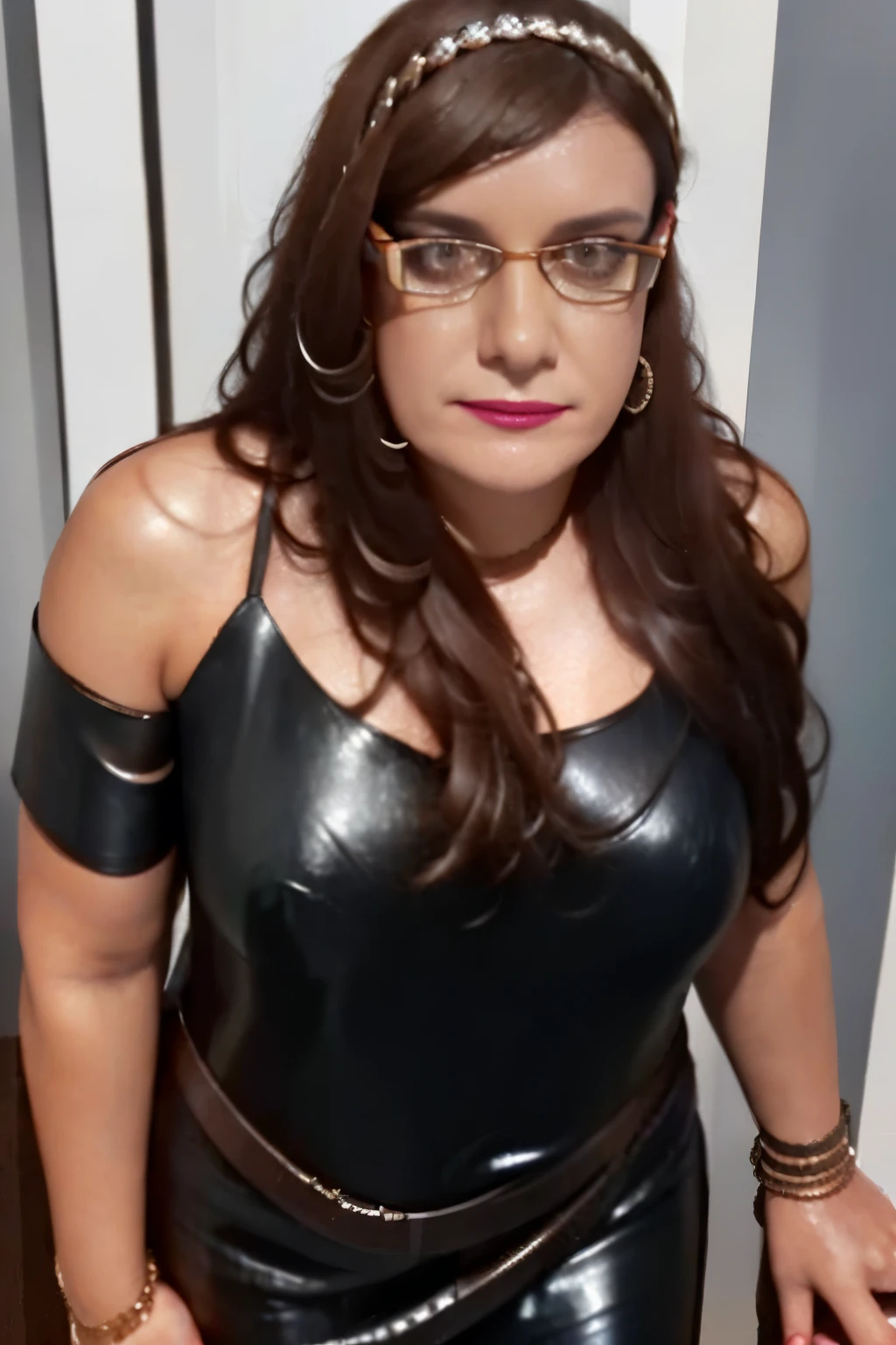 Woman 55 years old, standing, fully body, more feminine face, ,(silver bikini, sensuous, standing, cross legs, sexly, showing legs, with leather pants), ((high ponytail hair)), breasts big, (camera angle to capture in motion:1.1), . Highly detailed and sharp focus, (high-detailed face:1) (8K, ultra HD, dslr, high qualiy, cinematic lighting, bokeh), (dramatic, rewarded photography, incredible masterpiece:1.3),