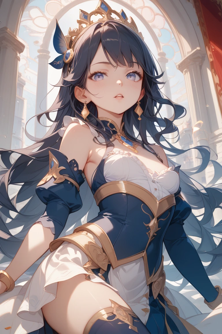 ((highest quality, 8k, masterpiece: 1.3)), Dark blue hair, Hair behind the ear, Long Hair, Big Hair, Wet Hair, Star hair ornament, Upturned eyes, Pointed Ears, A light smile, ((Mermaid)), Sit on a coral reef, Beautiful Face, highest quality, Shiny skin, Detailed skin, ((Detailed face, Fine grain))