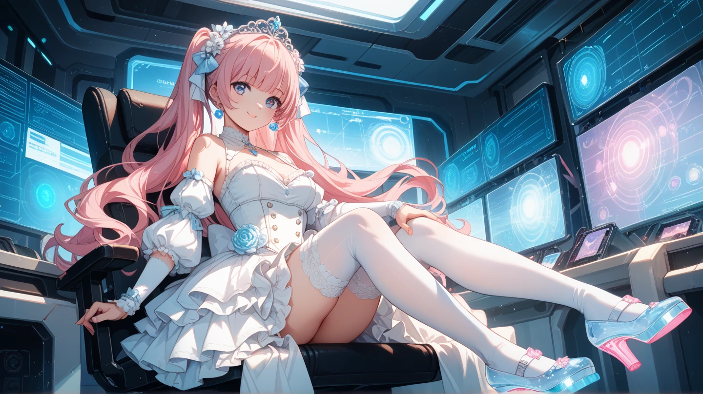 Official Art, Masterpiece, Sharp Focus, (Beautiful Gorgeous Cute Pretty Girl 1.3), Anime Beautiful Girl, Delicately Beautiful Multicolored Hair, Delicately Beautiful Eyes and Face, Cat Ears on Head, (Wearing Princess Dress and White Stockings), (Naughty Expression), (Sitting in a Car), Realistic, Ultra-detailed, Pretty Girl, Glowing White Particles, (Sidelighting: 1.2), Slender, Long Straight Hair, Dynamic Hair, Long Straight Hair, Glowing Blue Eyes, Hair Accessories, Epic Landscape,