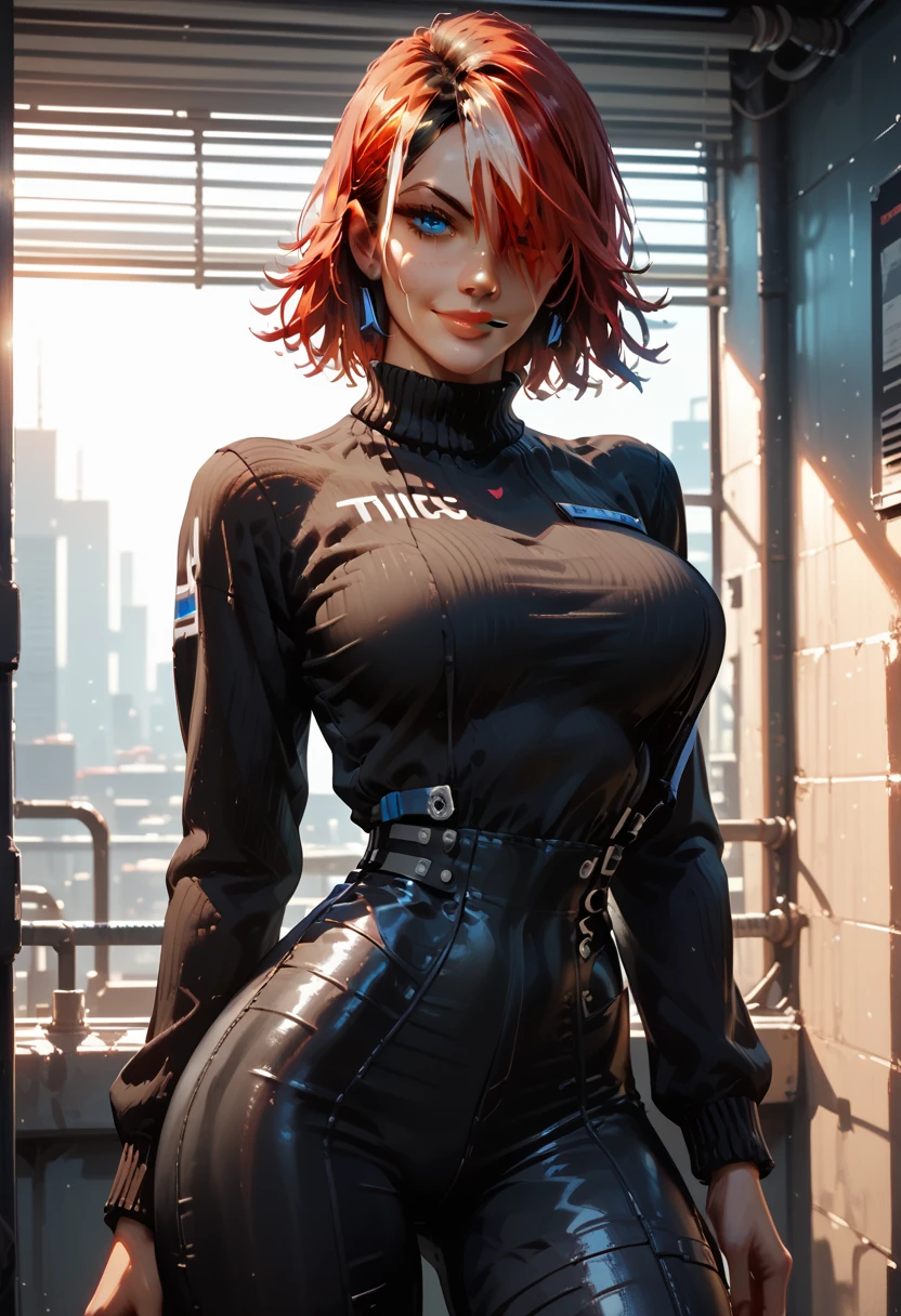 1girl, female elf, short red hair, blue eyes, curvy body, black off shoulder mini tee shirt, stomach exposed, hot pink leather mini skirt, black high heels, standing near a balcony, night, city in background, full pouty lips, hands resting on chest, lewd smile