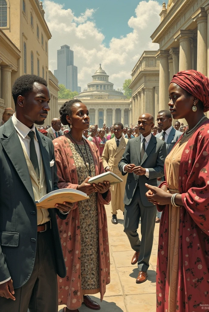  painting that reflects loneliness and the contrast between the powerful, evil people showcasing their wealth and a good person helping alone mothers and their children it should feel like rich people are eating all city and poor people’s are just seeing them and feeling it hope less