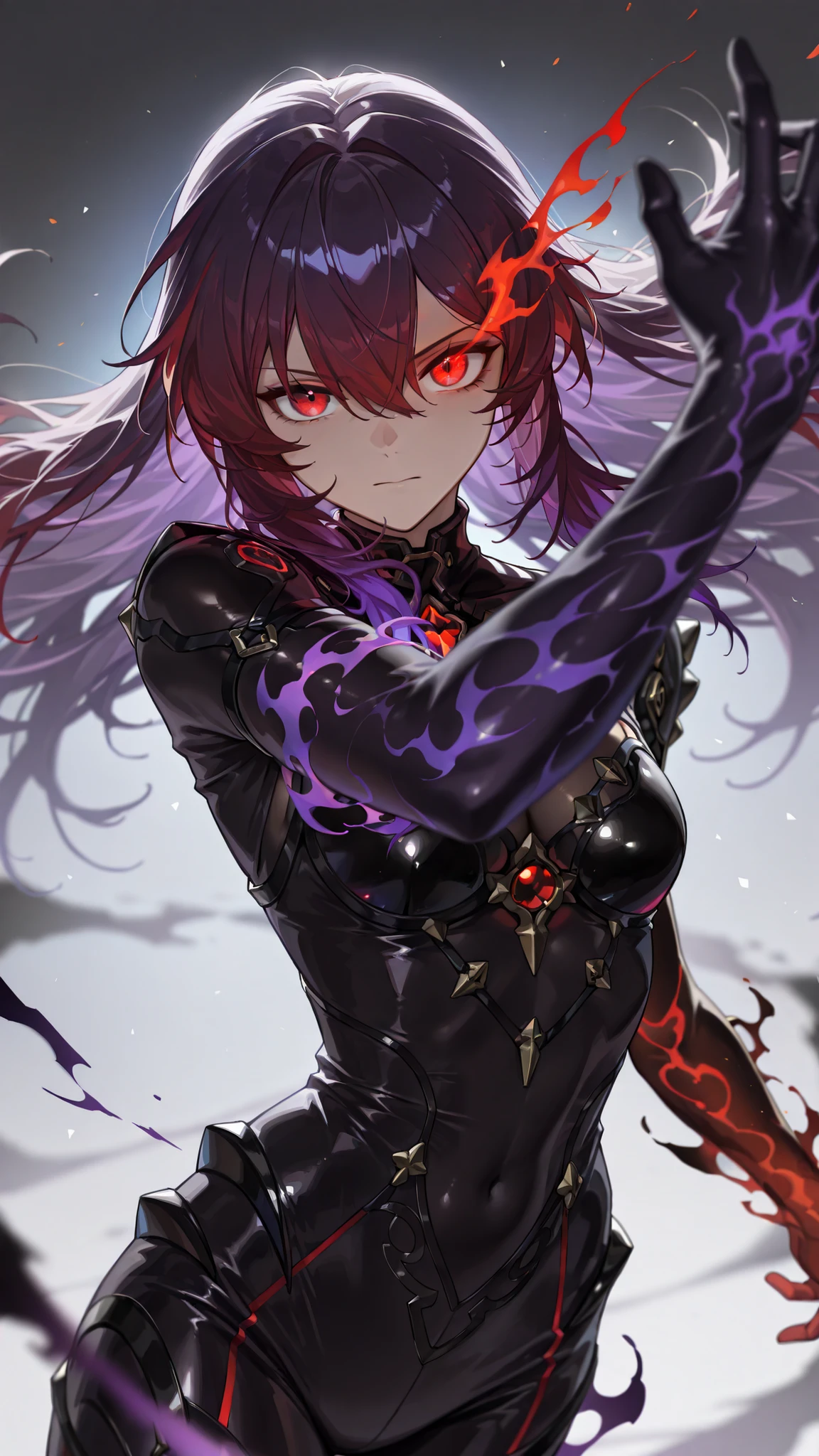 style of [arknights|(748cmstyle:0.5)], god rays, vivid colours, light stream, colour splotches, cinematic shot, mature, young adult, masterpiece, best quality, amazing quality, very aesthetic, high resolution, ultra-detailed, absurdres,
1girl, woman, solo, alone,(dynamic pose, side eye, looking at viewer, upper body focus, action shot, dutch angle, three quarter view, close up, cowboy shot:1.2), purple accents, purple flames, SeeleVelionaNyx, red eyes, black and red hair, gradient hair, purple hair, glowing hair, veiled smirl, hair covering one eye, glowing purple hair, burning eye, abyss eyes, cosmic bodysuit, flaming bodysuit, half body, multicolored hair, colored inner hair, long hair, hair between eyes, bailing_darkness, arm made of purple flame, ghostly arm, ghostly body, novuschroma79 style, glitch art photo
BREAK, depth of field, volumetric lighting
 