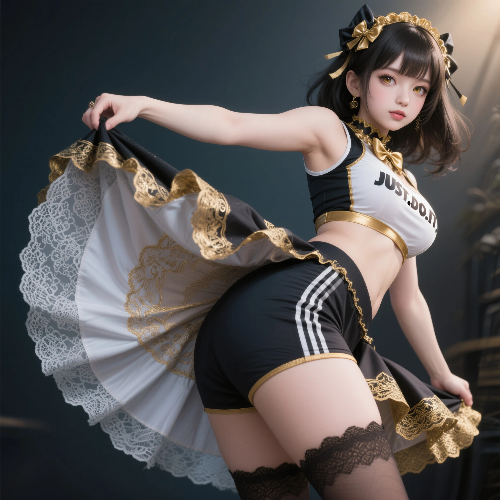 (High resolution, sharp, fractal), high detailed, character design, anime character, game character, 1 female, up from thigh, knee up, dynamic pose, fighting pose, action pose, Super Glowing Skin, Magical girl, Age 25, (((intricate detailed leotard))), ((frill Mini skirt frill)), sagging massive breast, yellow line and metallic black costume, (camel toe),Cyclone spinning,