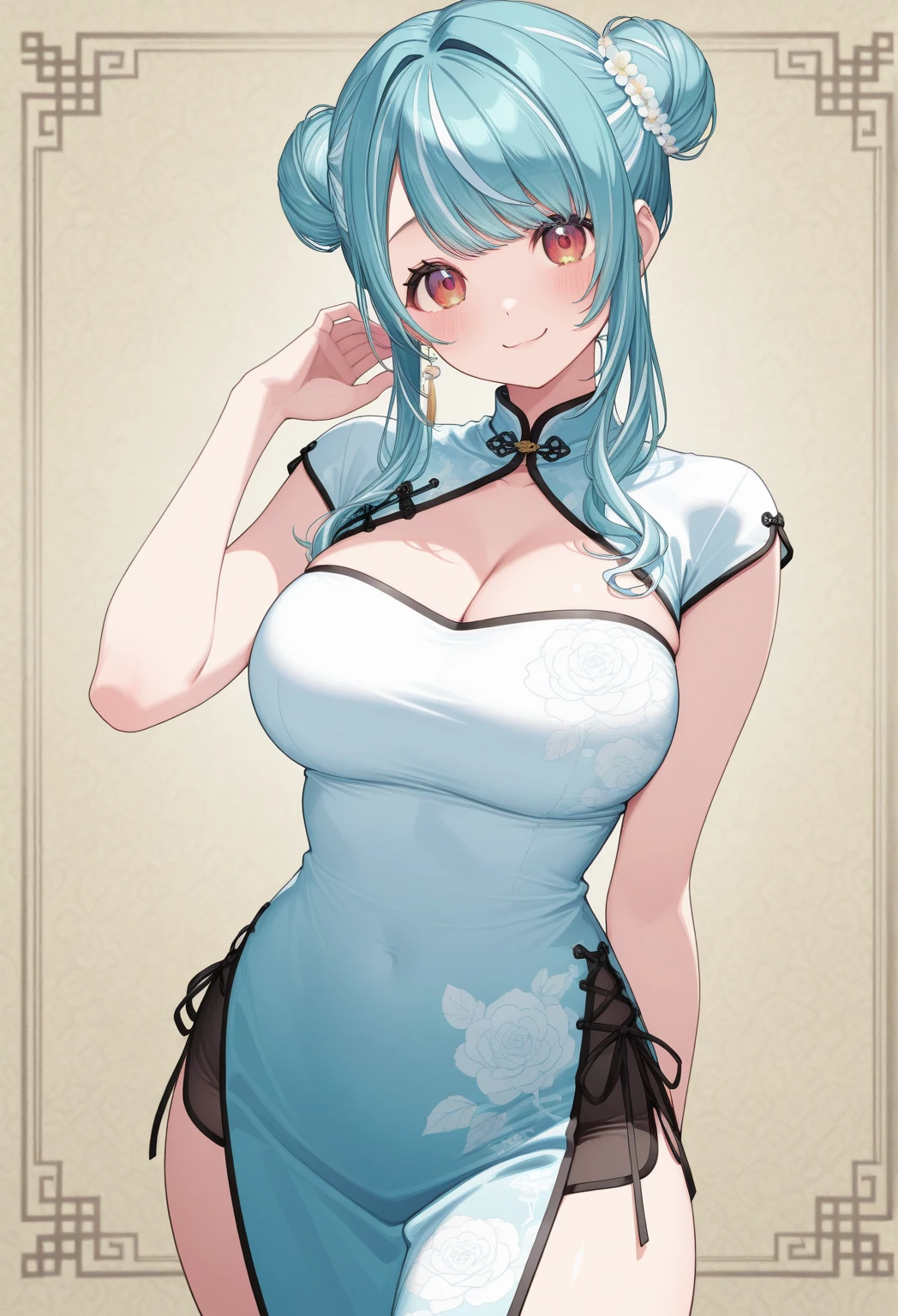 1girl, dusk \(everything is a miracle\) \(arknights\), arknights \
\\\\\ masterpiece, best quality, newest ///// nyantcha, khyle, cutesexyrobutts \\\\\ thin waist, solo, outside border, large breasts,, in heat, wet, sweat, naughty smile, white outline, space, upper body, , closed mouth, lips, makeup, head_out_of_frame, breasts focus, china dress,straight-on, grey background