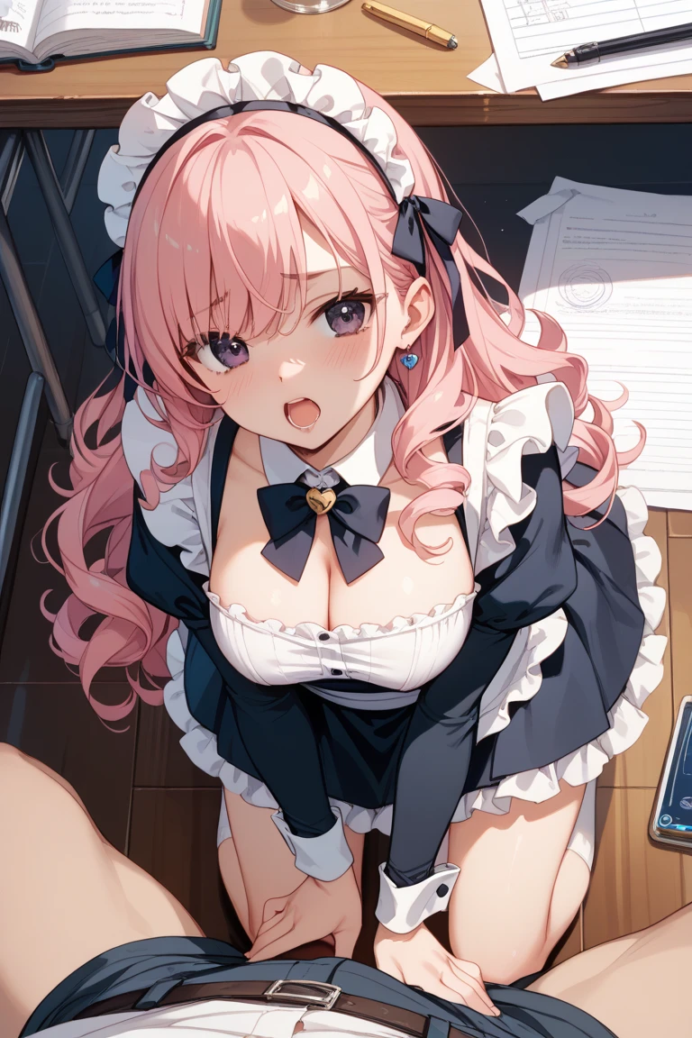 ((table top, highest quality, High resolution,perfect pixel, 4K))), 1 girl, single, alone, Beautiful woman、I could see the whole body、RAW photo, absurd, award winning portrait, concentrate,masterpiece, highest quality, High resolution,8K, Complex, elegant, very detailed,dynamic lighting,(blurred background:1) 、smile, (((pink hair))), (((pink cat ears))), ((anime girl)), (tie), ((detailed face, blush:1.2)), ((smooth texture:0.75, realistic texture:0.65, realistic:1.1, Anime CG style)), (((kneel down))), (((peek from below))), ((black maid outfit, white shirt, black skirt)、((she'She's definitely wearing a maid outfit))、I can see your breasts、((Empty classroom)),