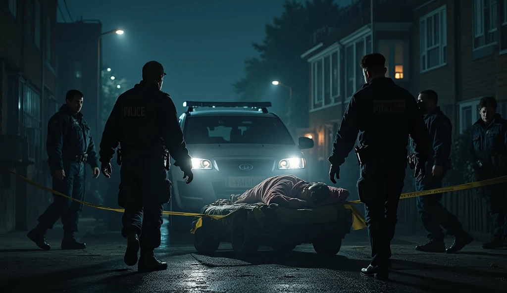 Neighborhood street with yellow ribbons, prohibiting passage in front of a car accident with two police officers police car lights and an ambulance with two bodies covered in a night bag