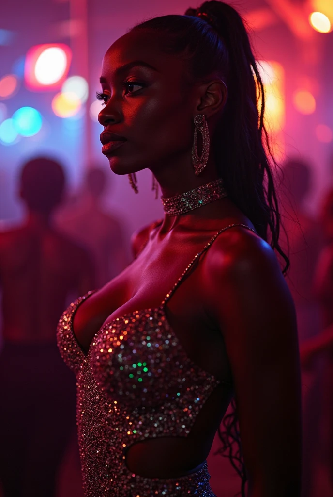 Jar Jar Binks in a glittering nightclub, wearing a tight, low-cut dress, with a close-up of the seductive lines of her breasts and the neon lights reflecting off her body, highlighting its charm and the vibe of the night.