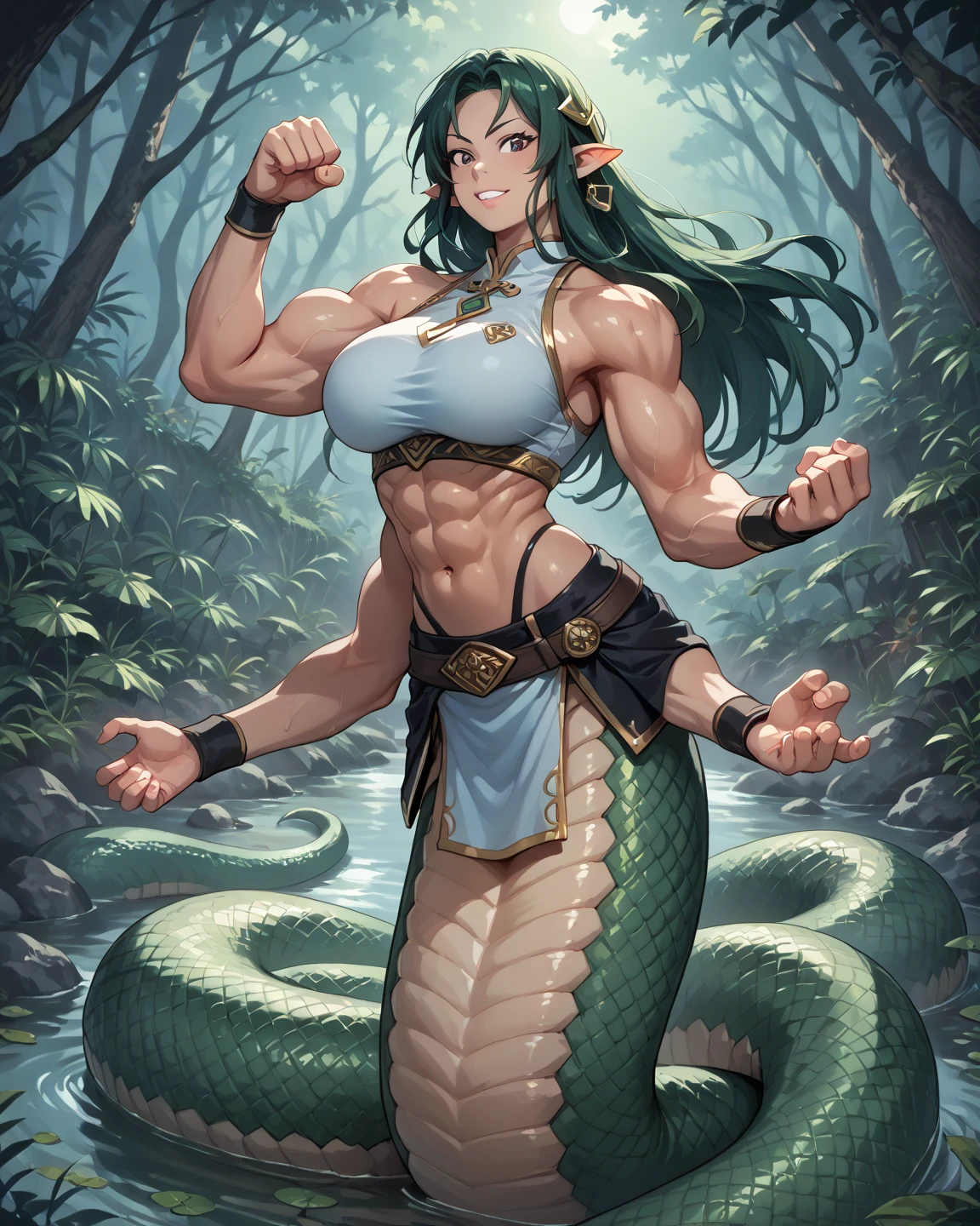 Lamia, long snake tail, cleopatra long hair, erect penis, extreme muscle, big breasts, 6 arms, full body.