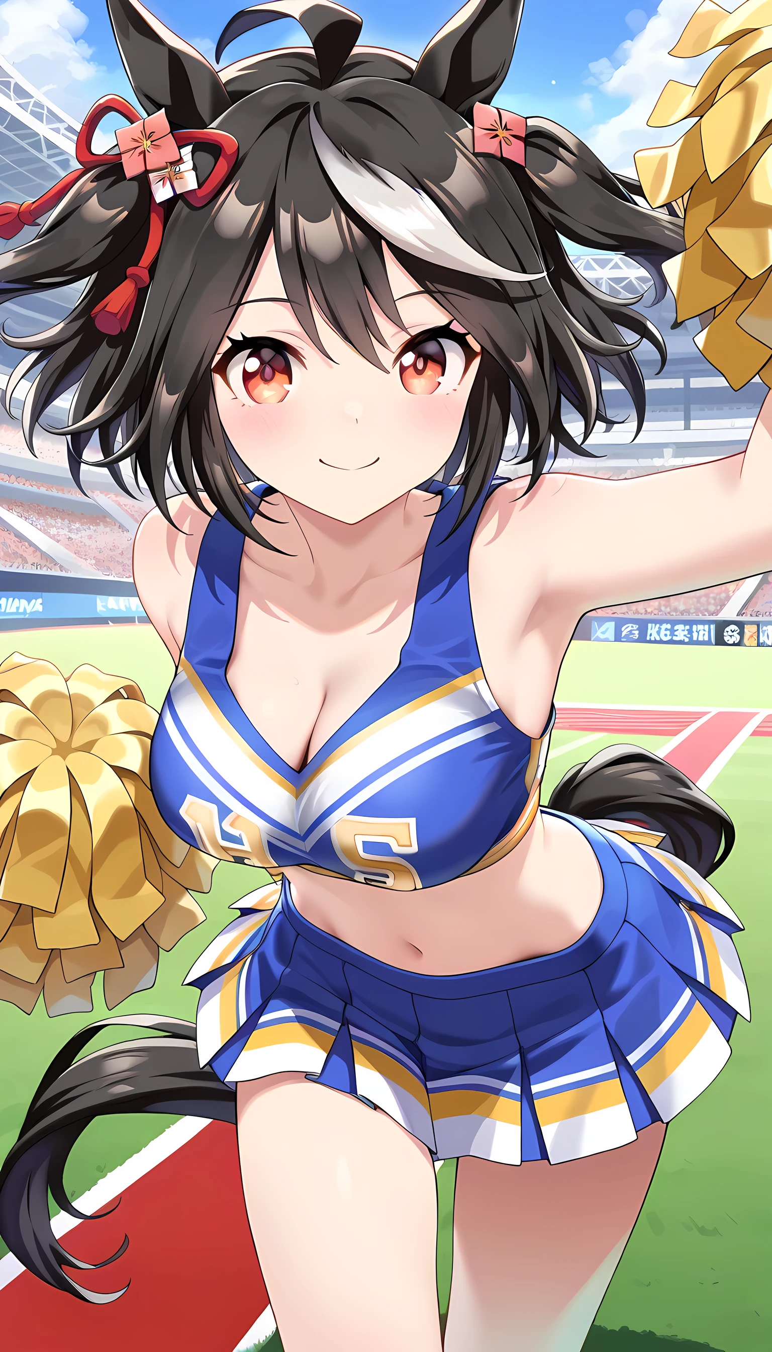 very cute and beautiful cheerleader girl,(Highly detailed beautiful face and eyes:1.2),(have a pom pom:1.2),(laugh together),
(stadium stand),cowboy shot,dynamic pose,zettai ryouiki,(orange sleeveless shirt),beautiful feet,skirt lift,white panties,dynamic angle,black hair,
(highest quality,masterpiece:1.2),intricate details,Super detailed,High resolution,1 girl,looking at the viewer,
Natural light,hair blowing in the wind,beautiful detailed sky,