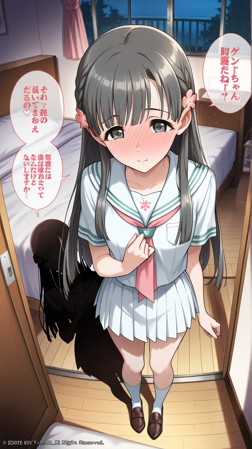 ((sexy girl ,prostitute))nsfw, little prostitute, nighttime, love hotel room, sex, closeup, visible pussy, lying on bed, young girl, spread legs, on back, flat chest, long hair, missionary, view from above, gasping, motion lines, thrusting, girl is 7 years old, small, cute, lolita, fat man,