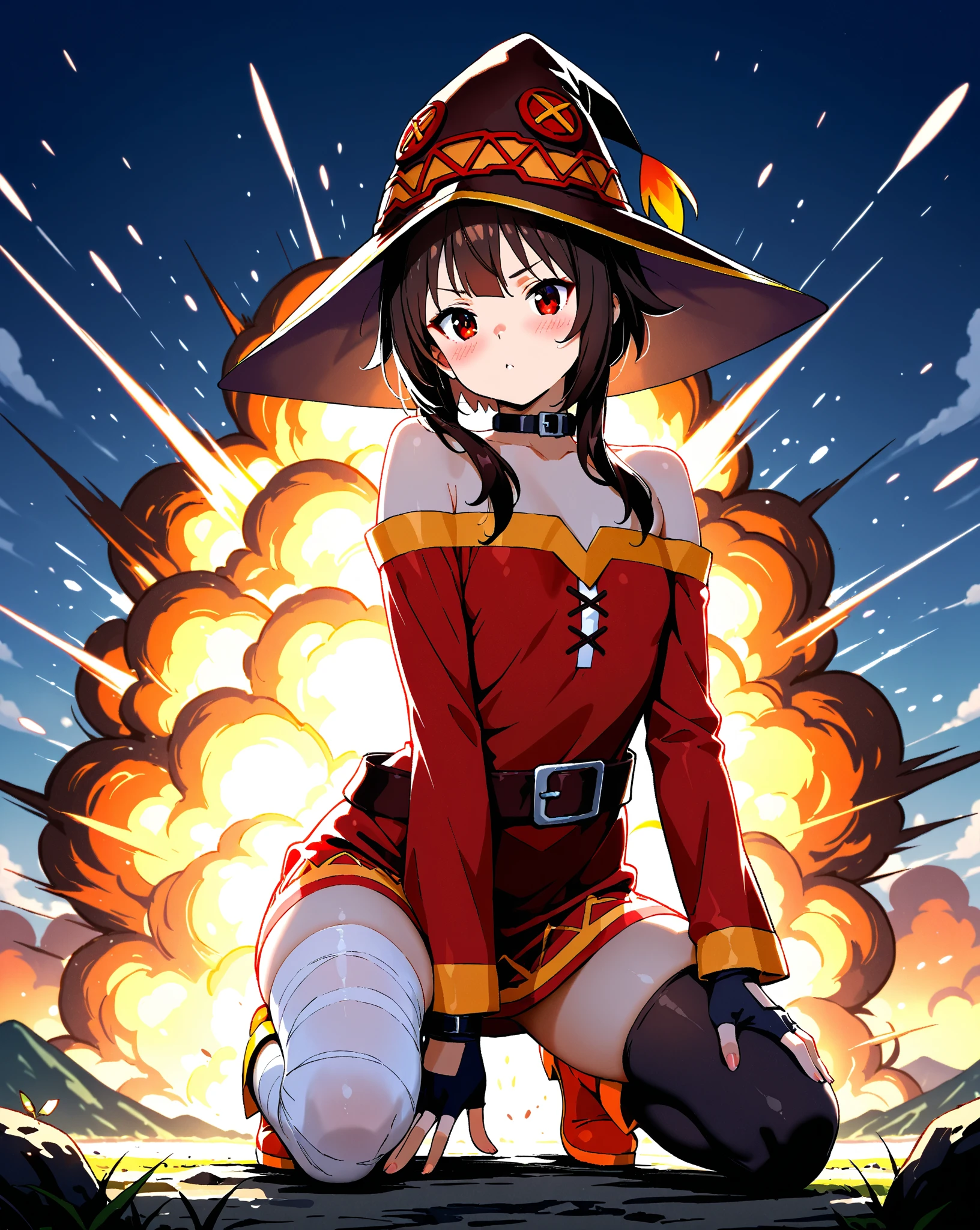 {{Artist: Sincos}} (Masterpiece, best quality:1.2, absurdres) 1 woman, solo, Megumin, smug grin, looking down, explosions in background, from below, in field.