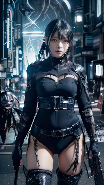 A beautiful full-body shot of Reika as a Nekomata catgirl, cyber punk armor, Black hair with straight bangs, Cat ear, sf, Cyberpunk city in the background, Fat, Cyberpunk 2077 style, Ultra-realistic portrait of a beautiful woman, masterpiece, 最high quality, CG, wallpaper, High resolution, high quality, High resolution, Very detailed, {beautiful Detailed face}, {Beautiful attention to detail}, (Detailed light){{Intricate details}}, {High resolution}, ((Detailed face)), extremely Detailed face, Beautiful Face, {{ young woman}}, Jewel-like eyes, Neon Light, Chiaroscuro, Anime Style, Key Visual, Intricate details, Very detailed, Breathtakingly beautiful, Vibrant, Cinematic adult film, (Dark city night、Black Background:1.4)