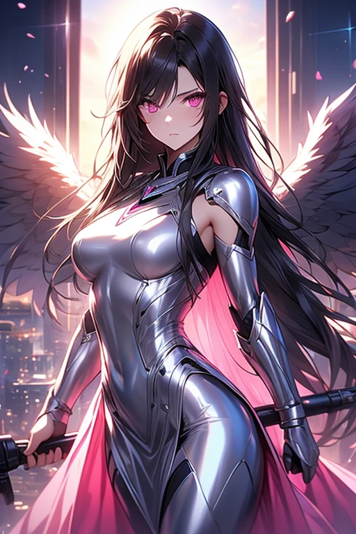 young girl, Long black hair, Fox ears, red eyes, smirk, Decepticon armor, Starskrim, open shoulders, open breasts, smirk, wings, Masterpiece, highly quality