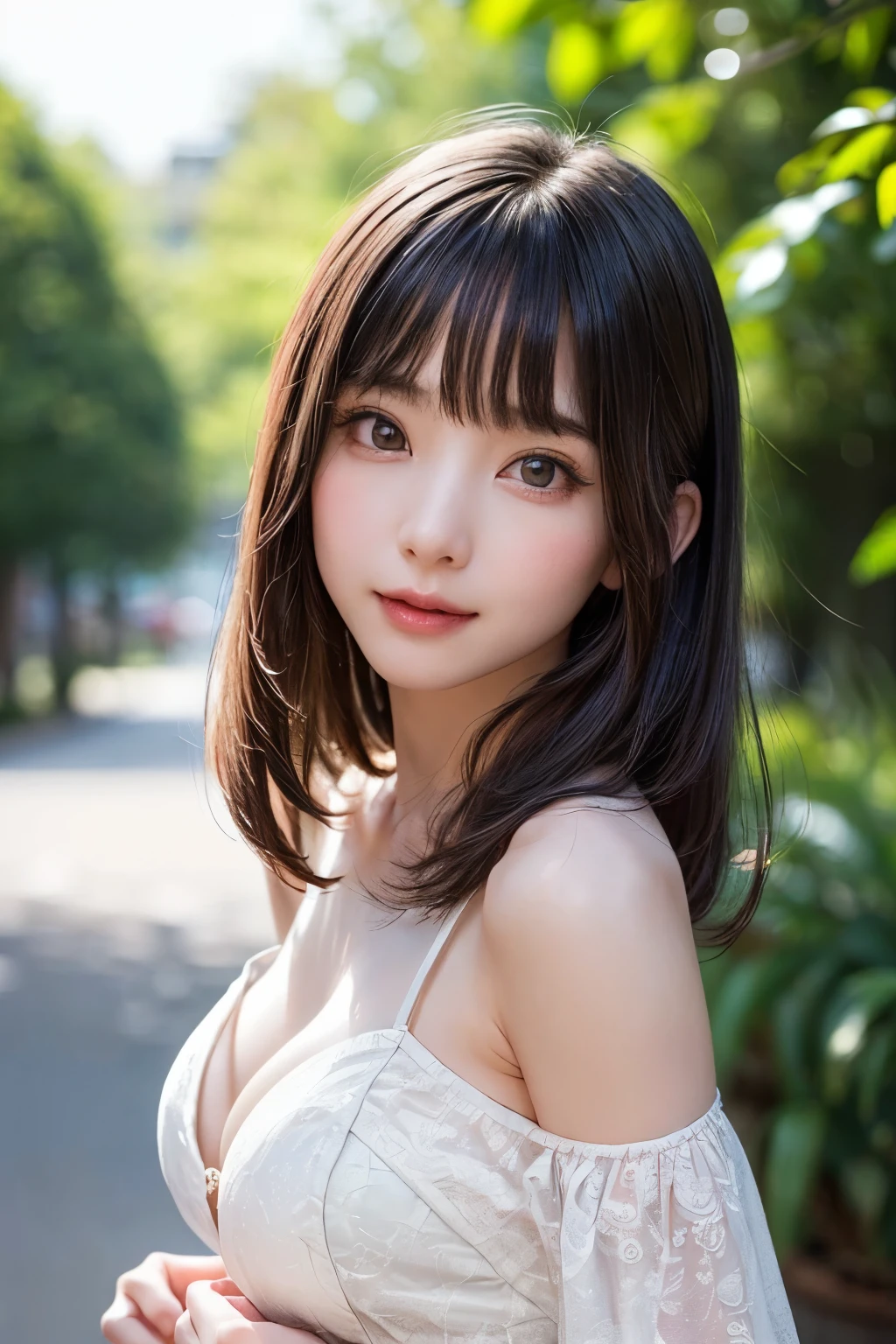 best quality, face focus, soft light, ultra high res, (photorealistic:1.4), RAW photo,(Shinozaki Ai), (fair skin), (kawaii),
1 Japanese girl, solo, cute, smile, (pupil, lights in the eyes),  detailed beautiful face, Medium-sized breasts,(high resolution detail of human skin texture),(long hair),(portrait), upper body, white traditional kimono, A sunny afternoon