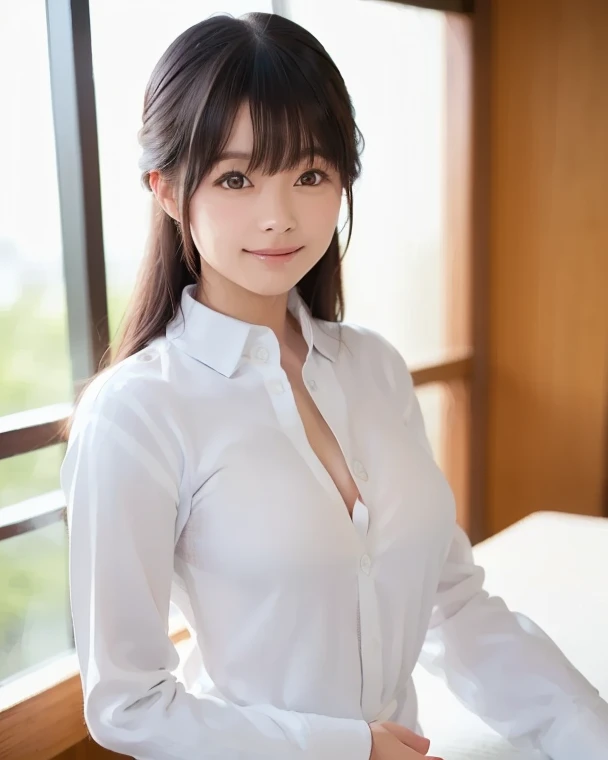 a smile、Boob emphasis,⦅Open cleavage⦆,⦅Breast drooping pose⦆、((huge-breasted:1.4)),Looking at me on my desk in an office in a high-rise building、 Dark blue tight skirt, The skirt is flipped up,Sweaty big、Black Lace T-Back Panties, Open white Y-shirt、(Best Quality,At 8K,nffsw:1.2),(cute Japanese girls),(Huge breasts:1.25),(Collared shirt)、(masterpiece、top-quality) 、For clear images、Strong sunshine、absolutely outstanding image, very extremely beautiful、masterpiece, top-quality,a picture, kawaii、(Colossal tits:1.2)、((20 year old woman:1.2))、Young adorable Japan face, dewy skin, close up of face,Soft portrait shots,in 8K