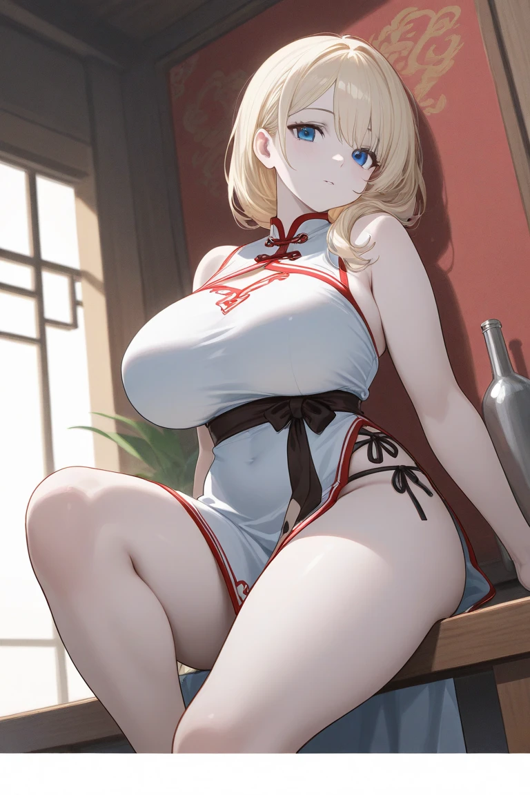 masterpiece, Highest quality, In detail, High resolution, Very delicate and beautiful, Volumetric lighting, Best Shadow, Shallow depth of field, One girl, blonde, (Huge breasts), Double Hair Bun, (China dress), (Cleavage), Pelvic Curtain, (Wide Hips)