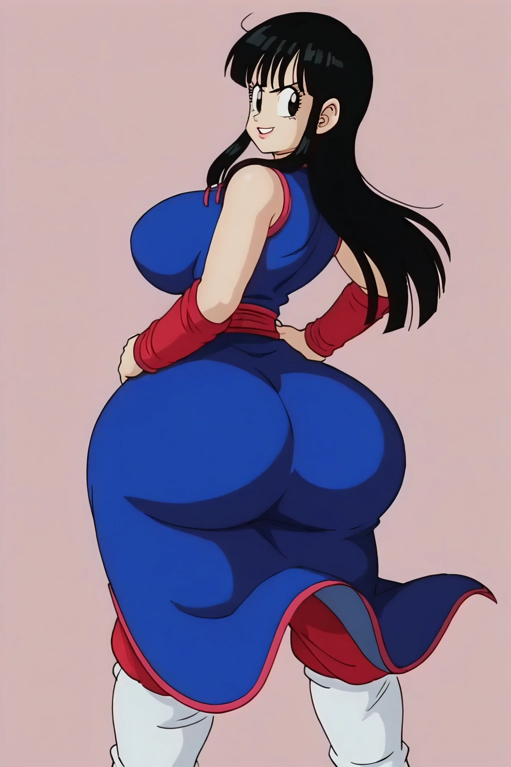Detailed face, beautiful eyes, Flushed face, excited, lust face, Super detailed face, Super detailed body, seductive body, chichi_dbz, standing, solo, large_breasts, Chichi_Bikini_Armor, masterpiece, best quality, detailed face, detailed eyes, highres, Slingshot, Super tight slingshot, pointy breasts, pussy , open legs , giant , Sideways, looking back