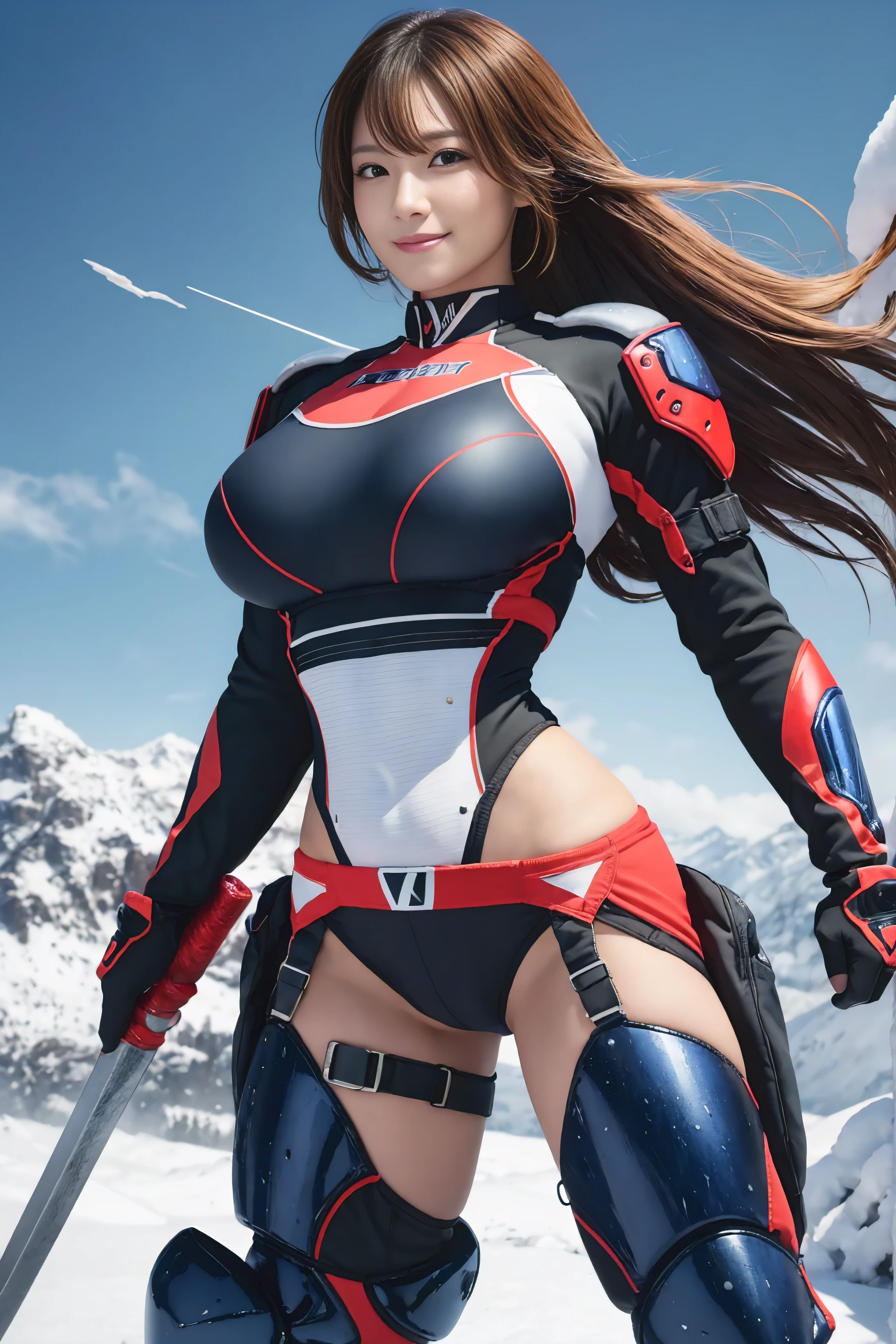 Highest image quality，Outstanding details，超高分辨率，（Fidelity：1.4）, Favor the details，closeup cleavage，dawn，Snow，winter，Demon hunter, Wizard Sword，He has a delicate and beautiful face，（（Red and white semi-mechanical body：1.8）），Raised sexy，frontage，cyber punk perssonage，Futuristic，mechanically aesthetic，Virtual Engine 5，Perfect detail rendering，rendering by octane，hyper HD