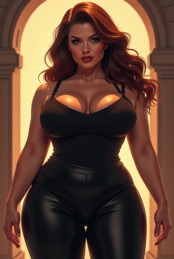 (Masterpiece:1.2, 8k resolution, RAW photo, best quality, hyper-detailed, ultra-realistic), award-winning picture of a stunning Nigerian 1supermodel, perfect oval face, perfect almond eyes, sexy, (((Zhivago Day For Night Wide-Leg Jumpsuit))), (((Massive breasts))), (((hourglass body shape))), ((Narrow waist)), ((wide hips)), (((thick thighs))), fit physique, toned body, muscular legs, six pack, dark tan, (shiny skin:1.3), (high detailed skin:1.2), skin pores, subsurface scattering, high-res intricate, elegant, highly detailed, majestic, sexy glossy lips, Chanel makeup, blush, Chanel mascara, vivid long dark red hair in a French braid, side-swept bangs, full body focus, high view, ((seductive standing pose)), arched back, digital photography, broken glass, (blurred background), minimal background, 8k, UHD, dslr, soft lighting, soft colors, best quality, super detail, highres, ((More Detail, enhance_all, fix_everything)),