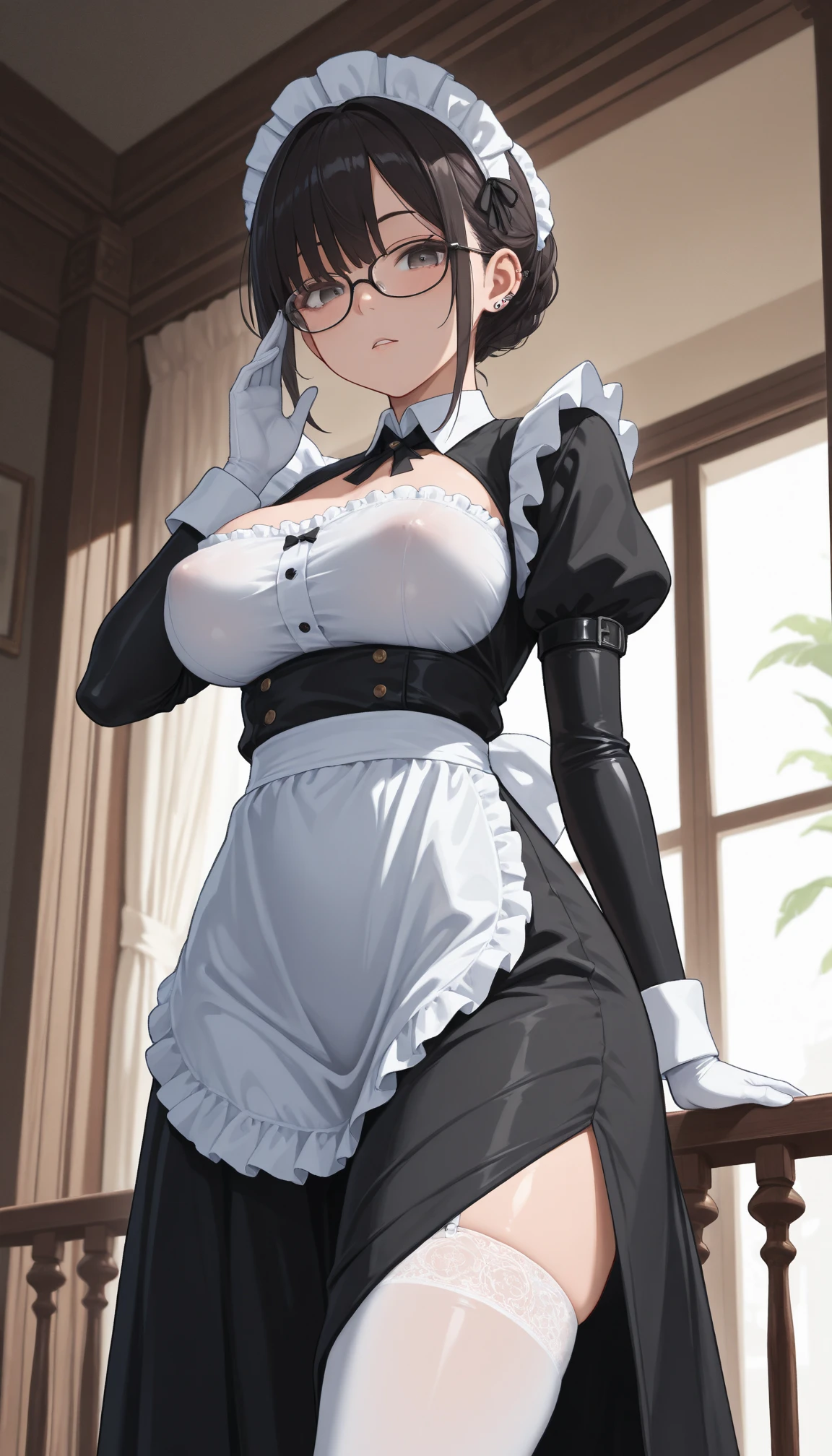 Masterpiece,Highest quality,8k,Ultra-high resolution,appropriate margins,lighting,BREAK,1 person,Very beautiful adult woman with Japan,Slim body,Very ample large breasts,Deep cleavage,Moisturized Skin,BREAK,Purple Hair,Hair ties,short hair,unkempt,(No bangs),(Show your forehead),mascara,Eyeliner,Light pink lip,Thin teak,Thick upper eyelashes,Thin eyebrows,BREAK,Pale pink eyes,BREAK,Shy smile,BREAK,((Maid clothes,White tights)),A lot of sweat,Sweaty,Sexy pose