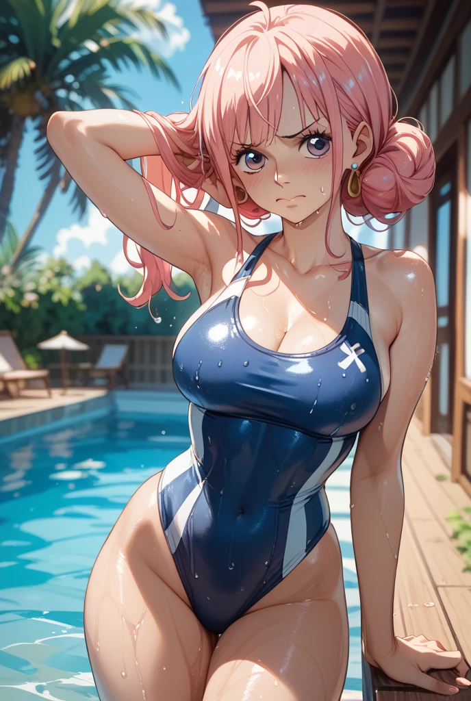(Masterpiece, BestQuality:1.3), (ultra detailed:1.2), (hyperrealistic:1.3), (RAW photo:1.2), High detail RAW color photo, professional photograph, (Photorealistic:1.4), (realistic:1.4), professional lighting, perfect anatomy, (Big Breasts, (The underboob is visible:1.3):1.2), (blush, detailed face), (cheerful Smile:1.5), Trending Hair&Trending Hairカラーをランダムに, earrings, necklace, bracelet, sexly, erotic sexly, Random sexy gravure poses, (Sexy beauty in navy halter top bikini sits with legs wide open in night pool、Look at the camera with a sexy look。Pink hair, side ponytail, long wavy hair。In the background there are soft curtains and a night view。: 1.3)